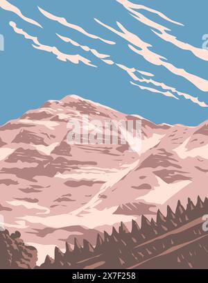 WPA-Posterkunst von Athamanika oder Tzoumerka, einer Bergkette, die Teil der größeren Pindus-Bergkette in Griechenland ist und in der Verwaltung von Bauprojekten oder durchgeführt wird Stock Vektor