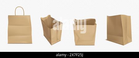 Bastelt braune Papiertüten. Realistische Vektor-Illustration Set von Imbiss- und Lebensmitteleinkaufspaket mit und ohne Griffe. Leere Kraftpaketvorlage für Lebensmittel. Leerer Supermarkt-Paperbag. Stock Vektor