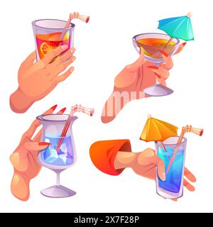 Menschliche Hände halten Glas mit Alkohol Cocktail Drink. Zeichentrickvektor-Illustration Set des männlichen und weiblichen Arms mit Party und Feier Bargetränk mit Früchten, Eiswürfeln, Plastikröhren und Regenschirm Stock Vektor