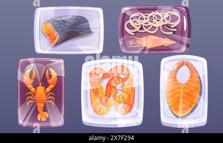 Gefrorene Meeresfrüchte, Plastikverpackung. Lachs Meeresfisch und Garnelen auf Tablett für Lebensmittelmarkt. Gefrierbehälter für Garnelen und Oktopus. Aufbewahrungsbeutel für Kühlschränke mit isoliertem Asset-Kit Stock Vektor