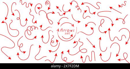 Satz handgezeichneter Pfeile mit dünnen Linien. Sammlung gekrümmter Zeiger. Rote Zeiger, die in verschiedene Richtungen zeigen. Einfache Designelemente eines Wegweisers Stock Vektor