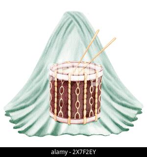 Vintage-Drum-Musikinstrument mit Drumsticks und Bühnenvorhängen im Hintergrund. Handgezeichnete Aquarellillustration isoliert auf weißem Hintergrund Stockfoto