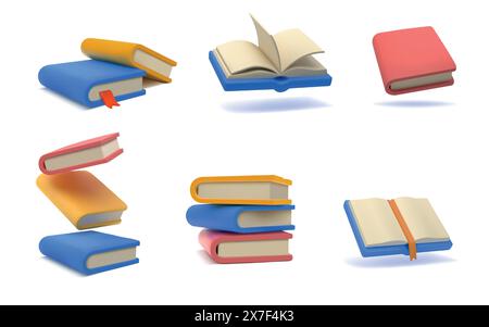 3D-Bücher. Offenes, geschlossenes Notizbuch und Magazin, Enzyklopädie oder Wörterbuchstudien, Geschichten lesen oder Schulwissen. Textbuchstapel. Niedliches, minimales Design Stock Vektor