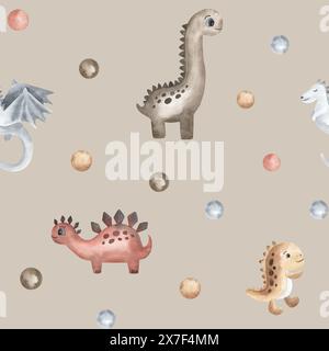 Kleine Dinosaurier und Punkte kreisen nahtlose Muster. Handgezeichnetes Aquarell. Für Stoff, Textil, Karte, Etikett, Broschüre, Flyer, Seite, Bannerdesign. Stockfoto