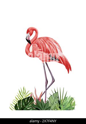 Exotischer rosafarbener Flamingovogel mit tropischen Blättern Stock Vektor