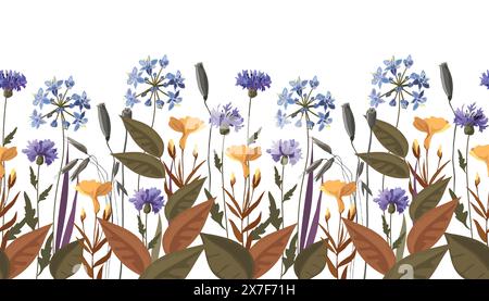 Nahtloses horizontales Blumenmuster, Rand mit Wiesenblumen Stock Vektor