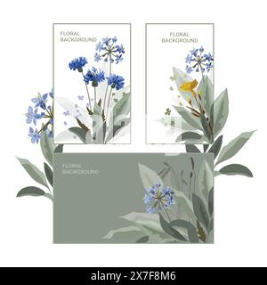 Vektor-Design mit blauen Blumen, grünen Blättern. Stock Vektor