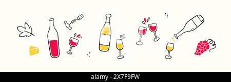 Weinflaschen und Gläser Set. Gießen Sie Wein aus der Flasche in ein Glas. Handgezeichnete Linienelemente. Käse, rote Trauben und Korkenzieher. Sektspritzer. Vektor Stock Vektor