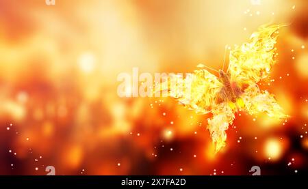 Horizontaler Hintergrund mit hellem feurigen Schmetterling und Flamme. Fantasy-Kulisse mit fliegenden, magischen FeuerSchmetterlingen. Mustervorlage. Kopierraum für Textil Stockfoto