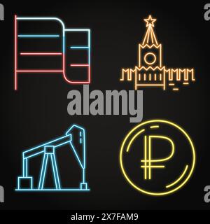 Russland Symbole Neon-Symbolsatz. Russische Flagge, Kreml-Turm, Rubelmünze und Ölbohrinseln. Vektorabbildung. Stock Vektor