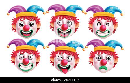 Geburtstag Clown Charakter Vektor Set Design. Clown-Geburtstagskopf-Charaktere in lächelndem, fröhlichem, frechem und lustigem Gesichtsausdruck mit buntem Hut Stock Vektor