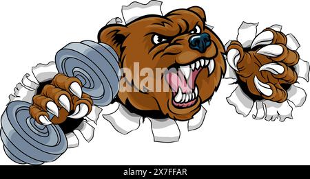 Bear Grizzly Weight Lifting Hantel Gym Maskottchen Stock Vektor