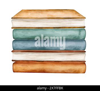 Aquarellillustrationen Stapel von Büchern zum Lesen, Stapel von Lehrbüchern für den Unterricht. Eine Reihe von Literatur, Wörterbüchern, Enzyklopädien. Farbig Stockfoto