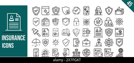 Symbolgruppe "Versicherung". Lineare Symbolsammlung, bearbeitbare Kontur, Vektorillustration. Stock Vektor