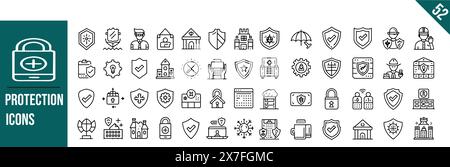 Sammlung von Schutzsymbolen. Lineare Symbolsammlung, bearbeitbare Kontur, Vektorillustration. Stock Vektor