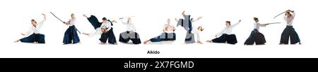 Mann und Frau, konzentrierte Athleten kämpfen bei Aikido Training in der Kampfkunstschule isolierter weißer Hintergrund Stockfoto