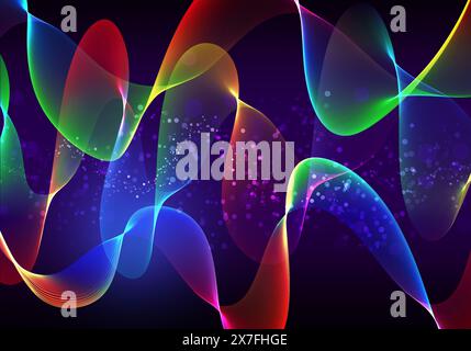 Kreative abstrakte Banner-Illustration. Regenbogenfarbene Flüssigkeitswellen. Spektrumsfluss für Branding, Banner und Grafikdesign. Musik, Energie, Bewegungsfreiheit Stockfoto