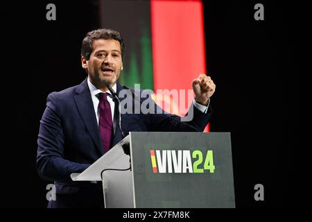 Madrid, Spanien. Mai 2024. Der ehemalige Präsidentschaftskandidat André Ventura von der portugiesischen Chega-Partei nimmt an einem Treffen rechter Parteien aus der ganzen Welt mit anderen Politikern wie dem spanischen Abascal und dem französischen Le Pen Teil. Quelle: Cesar Luis de Luca/dpa/Alamy Live News Stockfoto