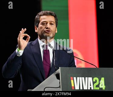 Madrid, Spanien. Mai 2024. Der ehemalige Präsidentschaftskandidat André Ventura von der portugiesischen Chega-Partei nimmt an einem Treffen rechter Parteien aus der ganzen Welt mit anderen Politikern wie dem spanischen Abascal und dem französischen Le Pen Teil. Quelle: Cesar Luis de Luca/dpa/Alamy Live News Stockfoto
