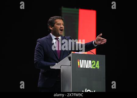 Madrid, Spanien. Mai 2024. Der ehemalige Präsidentschaftskandidat André Ventura von der portugiesischen Chega-Partei nimmt an einem Treffen rechter Parteien aus der ganzen Welt mit anderen Politikern wie dem spanischen Abascal und dem französischen Le Pen Teil. Quelle: Cesar Luis de Luca/dpa/Alamy Live News Stockfoto