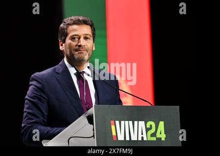 Madrid, Spanien. Mai 2024. Der ehemalige Präsidentschaftskandidat André Ventura von der portugiesischen Chega-Partei nimmt an einem Treffen rechter Parteien aus der ganzen Welt mit anderen Politikern wie dem spanischen Abascal und dem französischen Le Pen Teil. Quelle: Cesar Luis de Luca/dpa/Alamy Live News Stockfoto