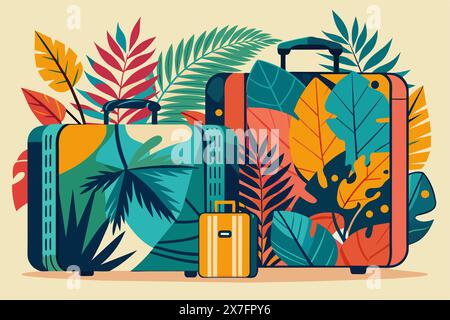 Isolierte Koffer mit tropischen Palmblättern. Reisegepäck bereit für den Urlaub. Konzept von Urlaub, Reiseausrüstung, tropisches Ziel, Reise. Diagramm Stock Vektor