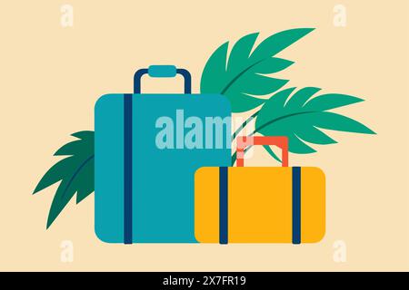 Isolierte Koffer mit tropischen Palmblättern. Reisegepäck bereit für den Urlaub. Konzept von Urlaub, Reiseausrüstung, tropisches Ziel, Reise. Diagramm Stock Vektor