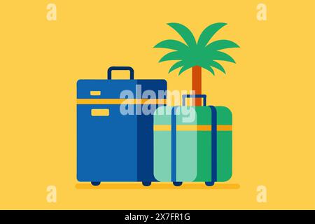 Isolierte Koffer mit tropischen Palmblättern. Reisegepäck bereit für den Urlaub. Konzept von Urlaub, Reiseausrüstung, tropisches Ziel, Reise. Diagramm Stock Vektor