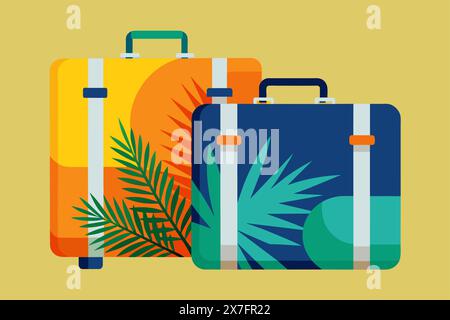 Isolierte Koffer mit tropischen Palmblättern. Reisegepäck bereit für den Urlaub. Konzept von Urlaub, Reiseausrüstung, tropisches Ziel, Reise. Diagramm Stock Vektor