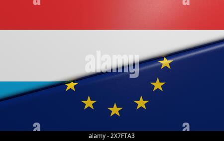 Luxemburger und europäische Flaggen gefaltet und verklebt mit Stoffstruktur – 3D-Rendering Stockfoto