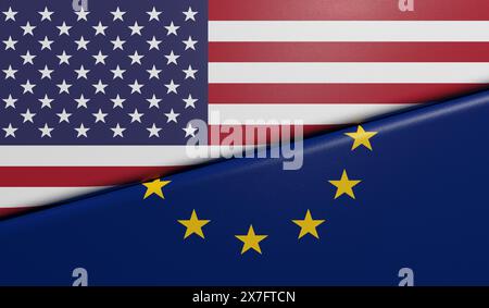 Amerikanische und europäische Flaggen gefaltet und mit Gewebestruktur verklebt – 3D-Rendering Stockfoto