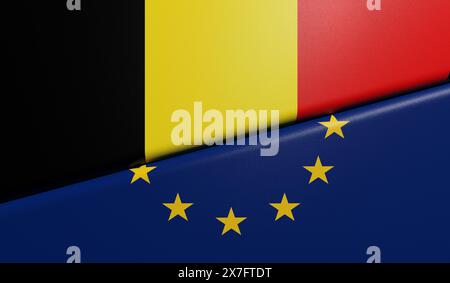belgische und europäische Flaggen gefaltet und mit Gewebestruktur verklebt – 3D-Rendering Stockfoto