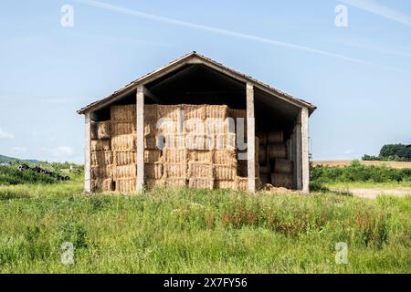 Heulagerung zum Schutz der geernteten Ballen in großen landwirtschaftlichen Betrieben im Sommer Stockfoto