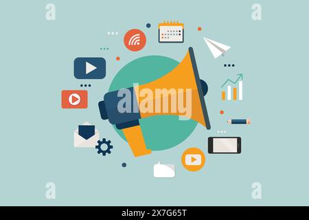 Megaphon mit flachen Symbolen für das Business-Marketing. Illustration des konzeptionellen Vektors des Unternehmens Stock Vektor