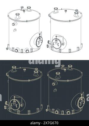 Stilisierte Vektordarstellungen isometrischer Blaupausen eines großen Industrietanks Stock Vektor