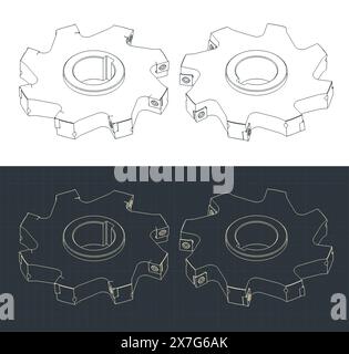 Stilisierte Vektordarstellungen isometrischer Blaupausen von Scheibenfräsern Stock Vektor