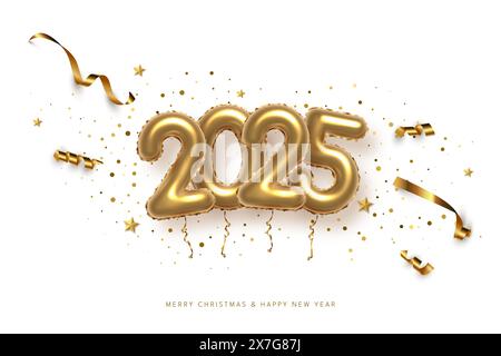 2025 Ballonnummern auf der Vektorvorlage für die Neujahrsgrußkarte. Weihnachtliches Social-Media-Bannerdesign mit Glückwunsch. Goldene Zahlen mit Stock Vektor