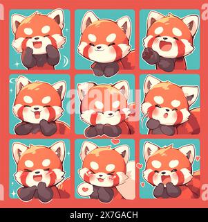 Set von 9 roten Panda süß Kawaii isoliert lustig und schön Set für Aufkleber Schreibwaren Karten Stoff Design Pod Druck Emotes zucken Stockfoto