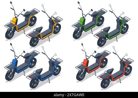 Isometrischer Transportroller. Realistisches Motorrad mit leerem Beutel für Speisen und Getränke, Kurierfahrrad für Restaurants und Cafés mit weißer Box. Vektor Stock Vektor