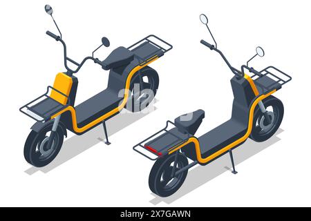 Isometrischer Transportroller. Realistisches Motorrad mit leerem Beutel für Speisen und Getränke, Kurierfahrrad für Restaurants und Cafés mit weißer Box. Vektor Stock Vektor