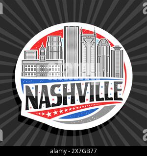 Vektor-Logo für Nashville, weißer dekorativer runder Tag mit Linie Illustration der nashville Stadtlandschaft auf Tageshimmel Hintergrund, Kunstdesign Kühlschrank mA Stock Vektor
