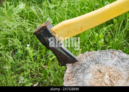 Axt mit gelbem Griff, der im alten Baumstumpf steckt Stockfoto