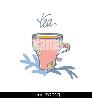 Becher, Kamillensymbol Clipart-Zusammensetzung. Handgezeichnete dekorative Strichlinie mit Doodle-Symbol, graue Skizzenkontur, flaches Design in pastellfarbenem Cartoon Stock Vektor