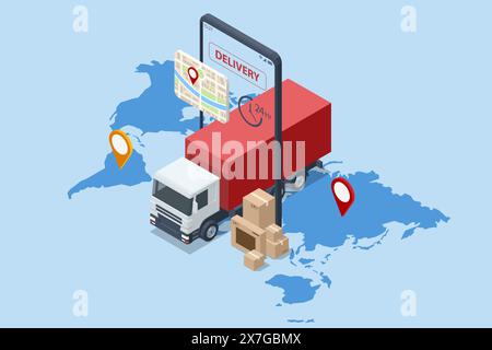 Infografiken zu isometrischer Logistik und Lieferung. Online Express, kostenlos, schnelle Lieferung, Versand Website Banner Delivery Service App mit Karte Stock Vektor