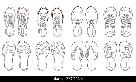 Herrenschuhe Sneakers Kollektion im Outline-Stil. Line Art Set mit Freizeitschuhen. Vektorillustration auf weißem Hintergrund isoliert. Stock Vektor