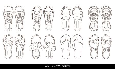 Damenschuhe Kollektion im Line-Art-Stil. Set aus lässigen Damenschuhen, Turnschuhen und Stiefeln. Vektorillustration auf weißem Hintergrund isoliert. Stock Vektor