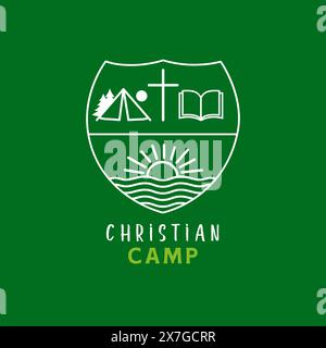 Christliches Camp-Logo, Kreuz und Bibel. Line Art Shield Design für Camp-T-Shirt, Hoodie, Sweatshirt oder Kirchspullover. Vektorabbildung Stock Vektor