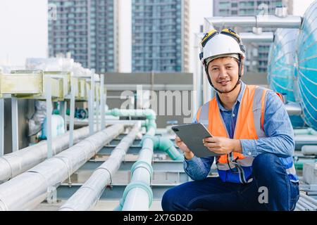 Porträt Gasrohr Ingenieur Arbeiter vor Ort Service Arbeiten Wartung Heißwassertank auf dem Dach im Freien Handelsgebäude Happy Lächeln. Stockfoto