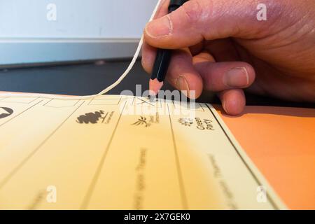 Stimmzettel und Bleistift als Wähler entscheidet, eine Stimme abzugeben und ein Kreuz zu machen / Stimme für einen politischen Kandidaten in einer Wahl, Großbritannien (139) Stockfoto