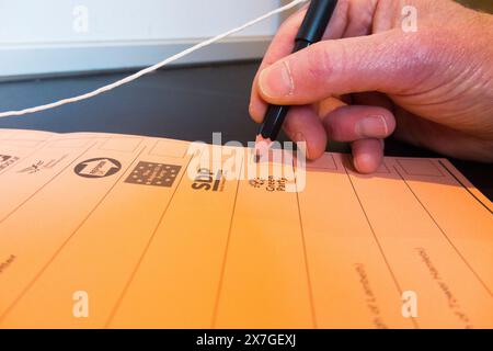 Stimmzettel und Bleistift als Wähler entscheidet, eine Stimme abzugeben und ein Kreuz zu machen / Stimme für einen politischen Kandidaten in einer Wahl, Großbritannien (139) Stockfoto